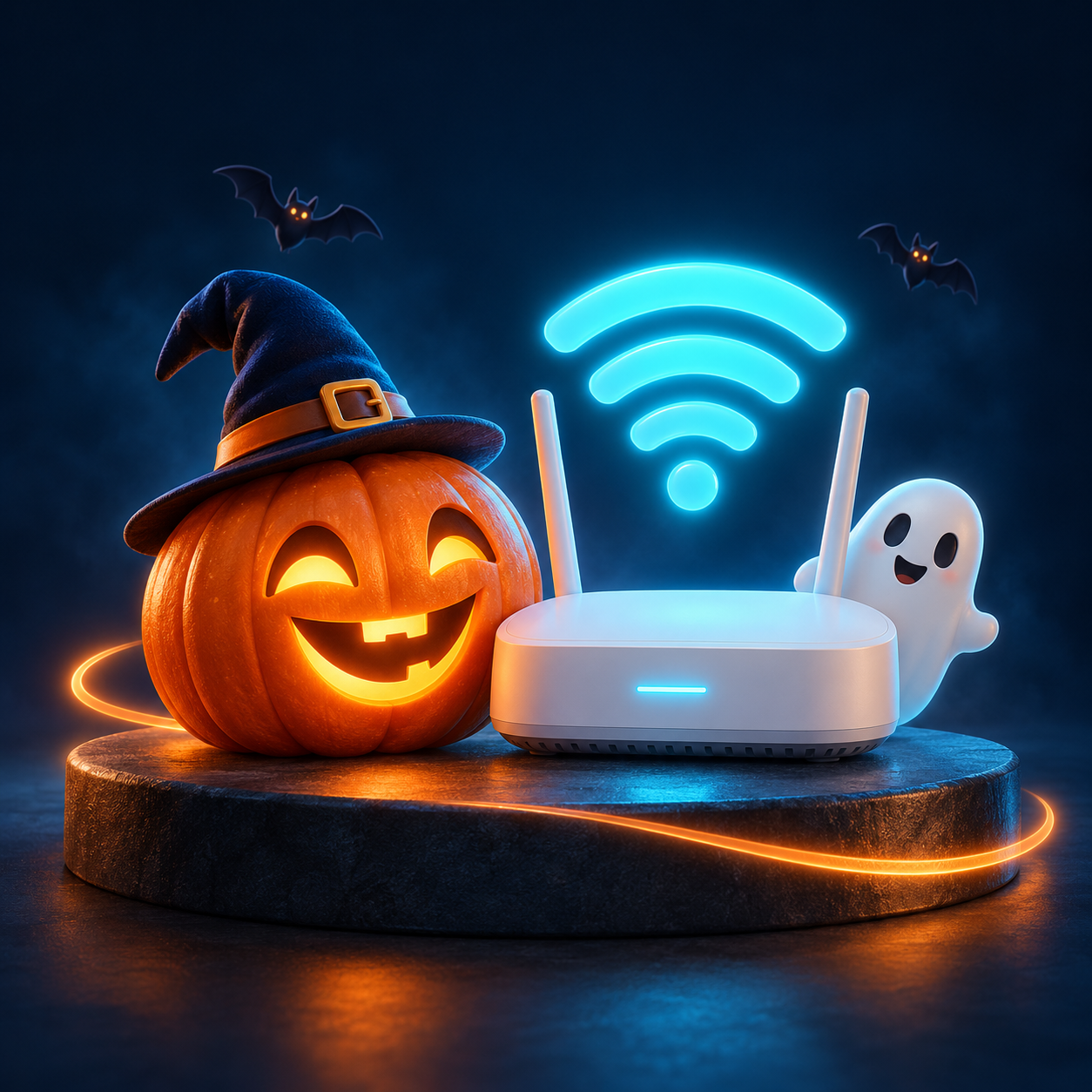 Calabaza de Halloween y fantasma amigable junto a un router Wi-Fi