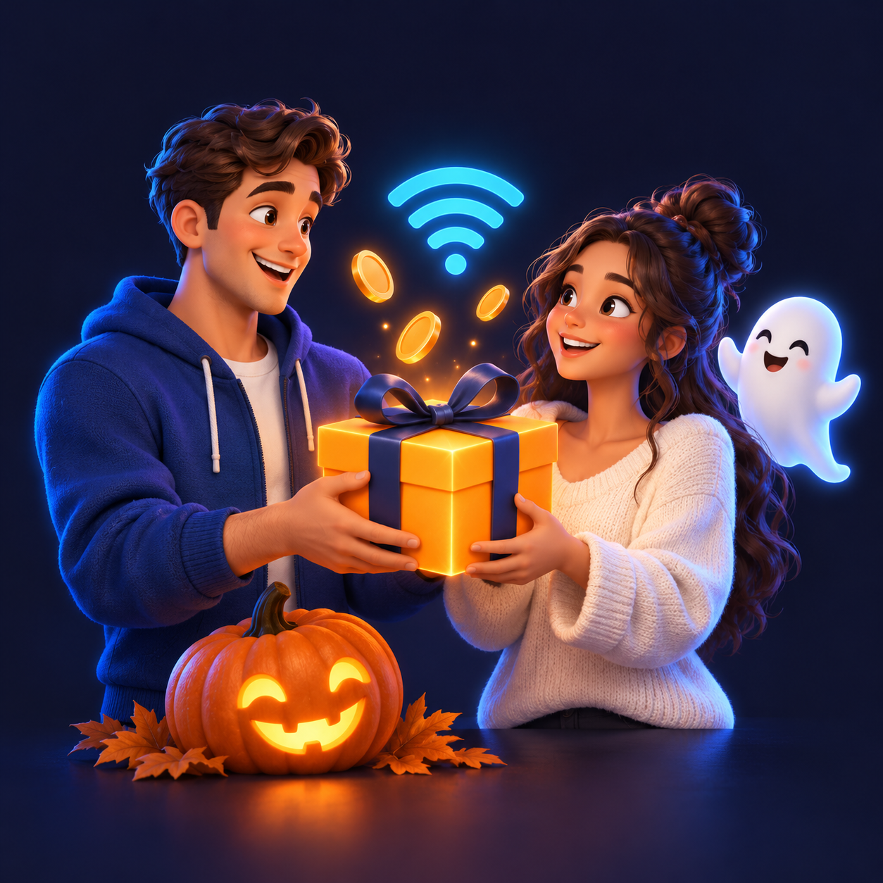 Dos vecinos comparten un regalo junto a un fantasma y una calabaza de Halloween
