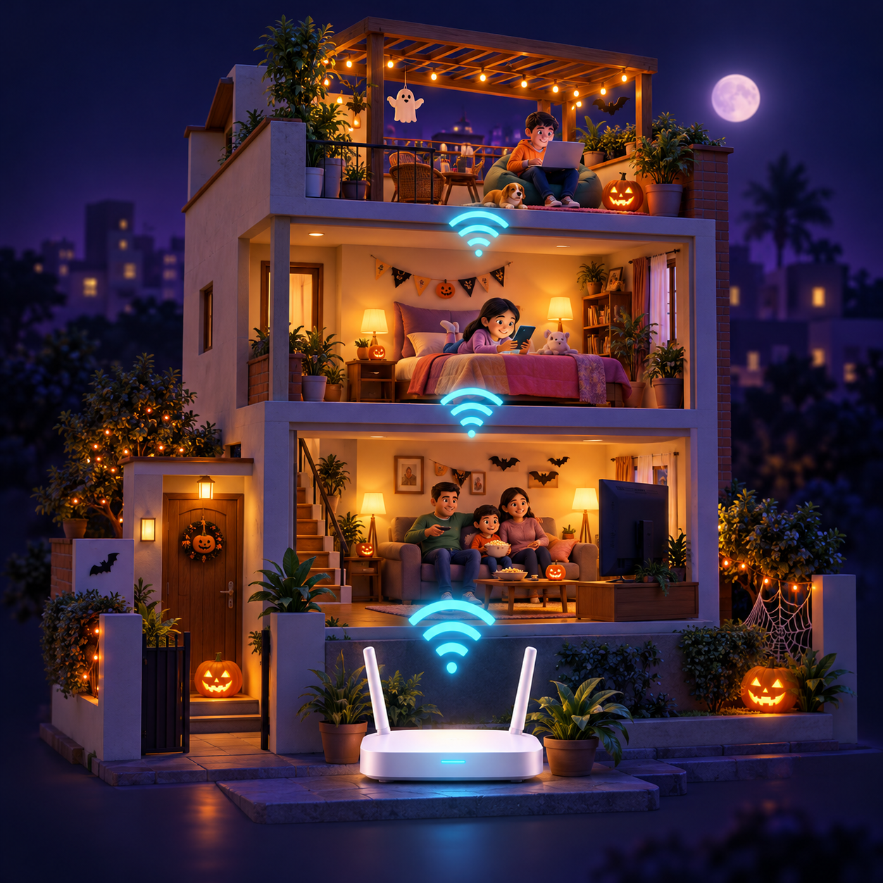 Ilustración de una casa de tres pisos decorada para Halloween, con una familia conectada por Wi-Fi
